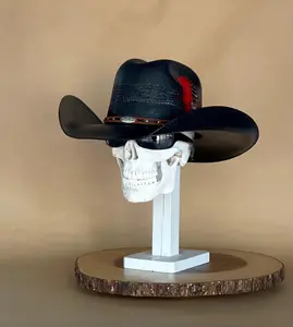 Bangora Black Cowboy hat, proudly handmade in Mexico, with an elastic sweat bandana for a comfortable fit, with rain cover and real feather.