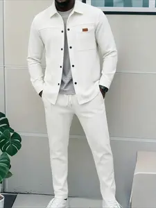 Men's Solid Color Long Sleeve Pants Set, Button Front Lapel Design, Multiple Pockets, Breathable Fabric, Casual Fashion Daily Wear, Outfit