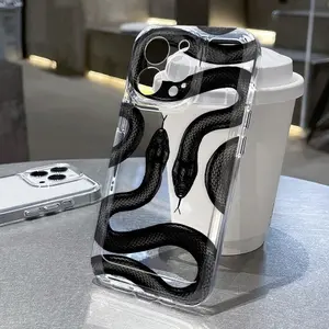 Phone case for iPhone 16 Pro Max 15 Plus 14 13 12 11 XR XS E Elegant Black Snake Non-Yellowing Shockproof Soft Silicone Transparent Cover