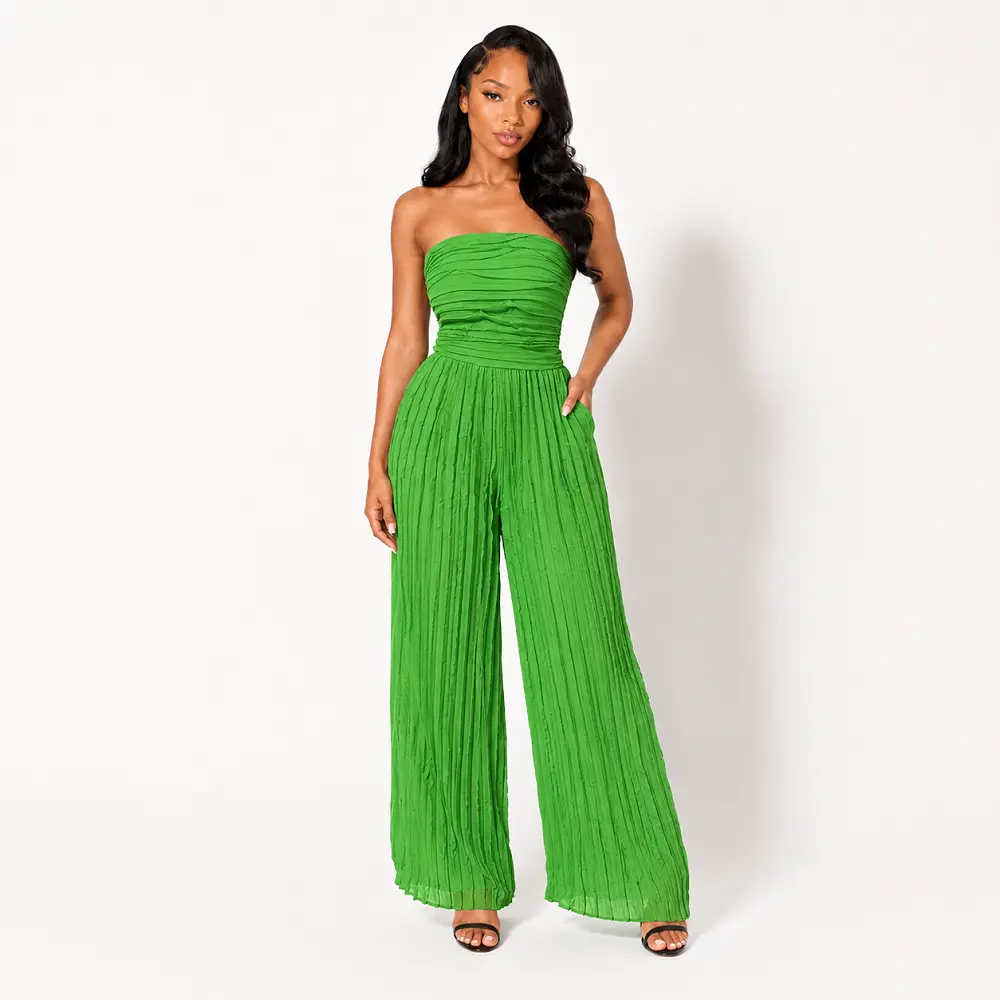 MOTIONKILLER Women's Casual Fashion Jumpsuit with a Strapless Ruched Top and Wide Leg, Polyester Blend Off Shoulder Clothes Below the Ankle, Overalls, Apparel, Fabric