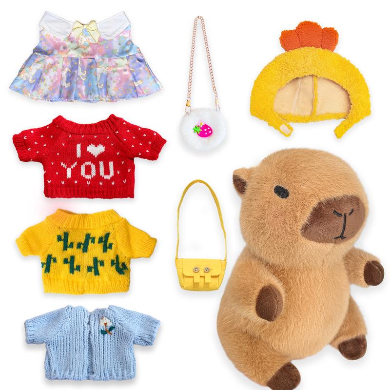Capybara Plush with 9 pcs Clothes & Accessories, 10.2 in Cute Capybara Stuffed Animal Plush Toys, Little Gifts for Girls