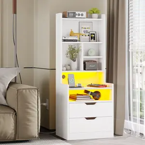 Sikaic LED Nightstand with Bookshelf Charging Station Table Multifunctional RGB Light Strips 2 USB Ports App Control Dynamic Modes Modern Side End Table