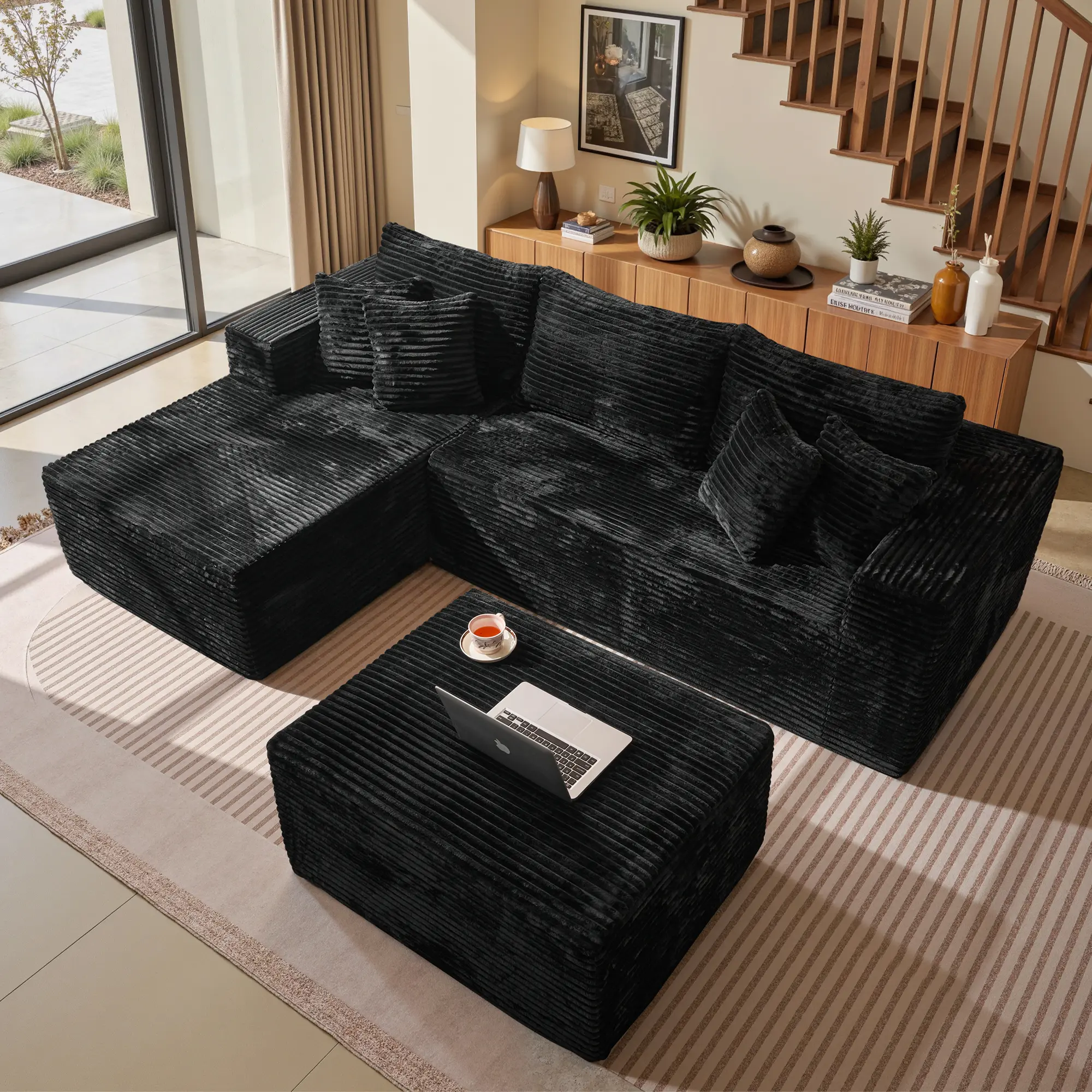Black Corduroy Left Chaise With Ottoman