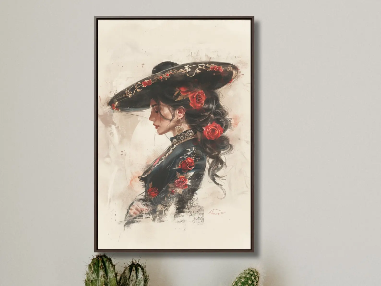 Mexican Floral Art Print, Romantic Mariachi Wall Decor, Southwestern Modern Framed Wall Art, Rustic Mexico Home Decor for Bedroom