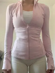 Women's Pink Zip-Up Slim Fit Sports Jacket, Stretchy Long Sleeve Yoga Top, Breathable Activewear For Gym & Daily Wear, Athletic Jackets