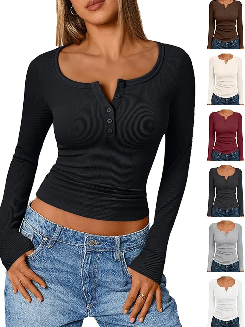 LIFE KEEPS MOVING women’s solid-color classic basic versatile cropped slim-fit pullover top, sexy casual Henry-style long-sleeve T-shirt, fashionable for spring and autumn, suitable for office and home wear, gift