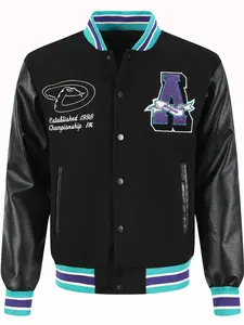 Men's Black Baseball Jacket 2026 New Casual Fashion High-End Embroidered Jacket Button Front  black PU Long Sleeve College Style Streetwear Sportswear