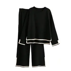 Fashion Casual Colorblock Knit Top and Pants Set, Round Neck Long Sleeve Sweater, Fall & Winter Fitted, Women's Clothing