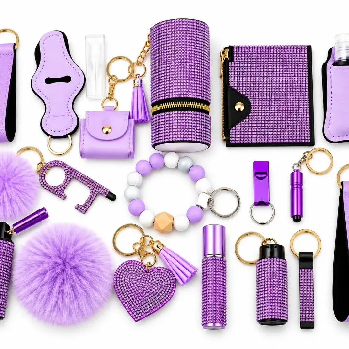 Purple Keychain Set with Rhinestone Decorations and Keychains for Women's Accessories