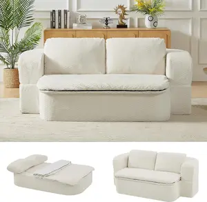 74.8" Convertible Sofa Bed with Functional Blanket and 2 Soft Pillows, 2-in-1 Fabric Loveseat Sofa Couch with Deep Seat, Curved Sleeper Couch Bed for Living Room, White