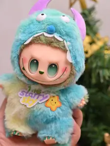 Christmas Halloween Labubu Doll Clothes, Plush Monster Costume, Blue Plush with Horns, Fits 17cm Universal Dolls
