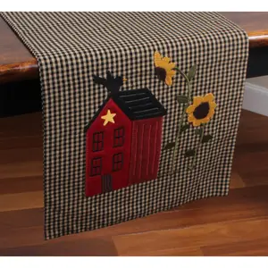 Home Sampler Table Runner - Red House Design with Sunflowers, Black Ribbon, and Beige and Black Checkered Pattern