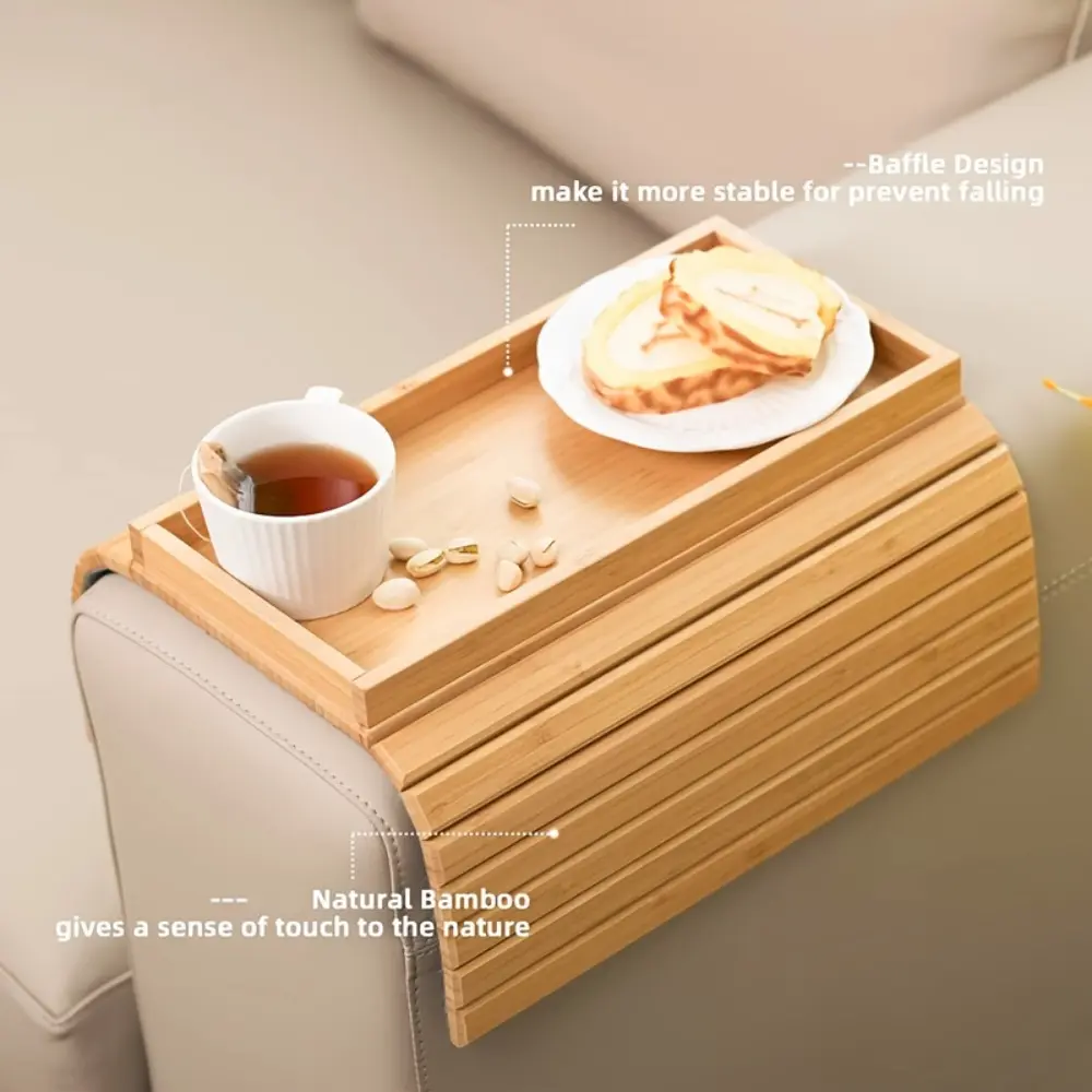 Bamboo Sofa Armrest Tray with Cup Holder - Anti-Slip Design, Foldaway Storage Table, Folding Tray Table for Snacks & Phones, Trays For Home Decor, Rustic Design, Lightweight Construction, Small Space Living, Foldable Tabletop