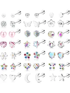 Versatile 21 Pairs Colorful Screw Back Stud Earrings Colorful Hypoallergenic Surgical Steel Screw Back Earrings for Women Men Cute Star Moon Flower Heart Butterfly CZ Tiny Cartilage Tragus Daith Helix Flat Back Earrings Piercing Jewelry Set