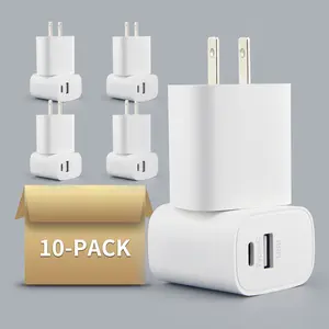10 Packs Charger Total 20W Adapter Wall USB Type C Port US Plug Quick Charging Suitable Compatible With iPhone, Android Tablet Or Mobile Phone And Other 2 Ports PD Quick Charging Head Compatible With iPhone, iPad, Android Phone, Gifts For Family and More.