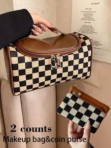 Checked Pattern Makeup Bag & Coin Purse, Fashionable Cosmetic Bag, Casual Versatile Zipper Makeup Bag for Women & Girls, Trendy All-match Bag for Daily Use, Makeup Organizer, Makeup Bag Set, Handheld Cosmetic Pouch
