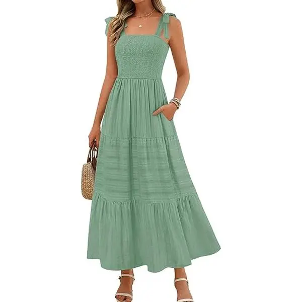 MEROKEETY Women's 2026 Spring Boho Sleeveless Smocked A-Line Maxi Dress with Pockets, Casual Sundress for Summer Beach Vacation