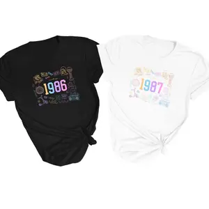 Vintage 1986 and 1987 retro graphic shirt for women and men, classic short sleeve tee featuring eighties disco and music icons, soft breathable cotton t-shirt for birthdays, comfortable casual tshirt with colorful aesthetic nostalgic doodles