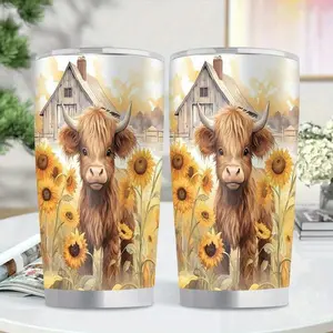 1pc 20oz Insulated Stainless Steel Travel Mug with Highland Cow & Sunflower Design - Leakproof BPA-Free Vacuum Cup Cup, Double-Wall Vacuum Insulation for Hot/Cold Drinks, Rustic Farmhouse Style Reusable Water Bottle for Camping, Fishing