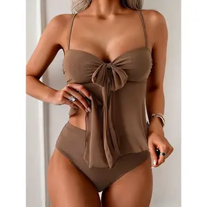 Mesh Tie Side High Waist Bikini Set for Women Two Piece Swimsuit Tummy Control Push Up Bathing Suit Beach Vacation Resort Wear Sexy See Through Mesh Bikini Summer Swimwear outfit party fashion swimsuit pool holiday swim casual style beachwear spring glow