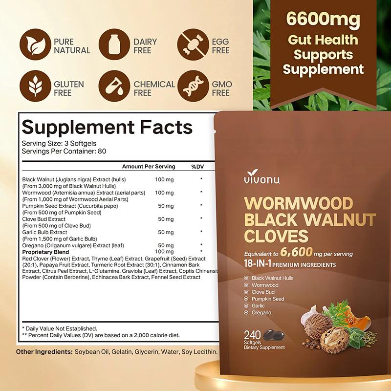Wormwood Black Walnut Cloves Capsules - Boost Metabolism & Enhance Energy | Contains Black Walnut, Garlic, Wormwood, and More | 240 Capsules (80-Day Supply)