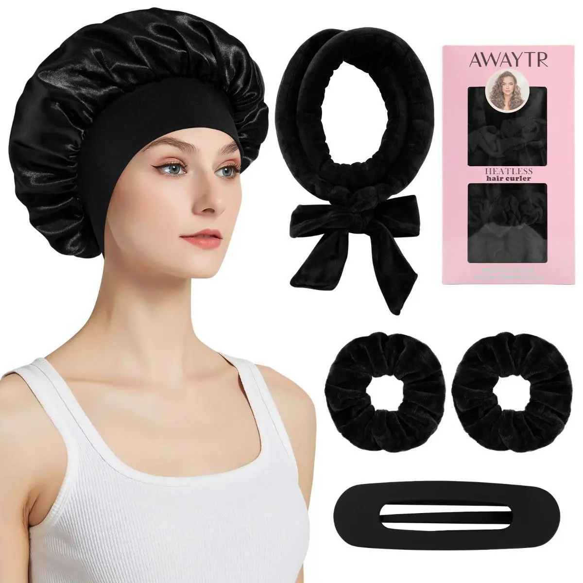 AWAYTR Heatless Styling Kit with Soft Velvet Hair Curler, Satin Bonnet, Scrunchies & Clip for Effortless Overnight Curls, Soft Hair Curlers, Hair Bonnet