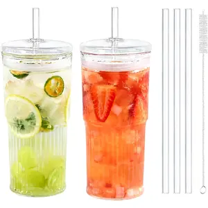 2 Pack 20oz Glass Cups with Lids and Straws, Mason Jar High Borosilicate Drinking Glasses Iced Coffee Cup, Glass Tumbler Smoothie Cup for Long Drinks, Clear