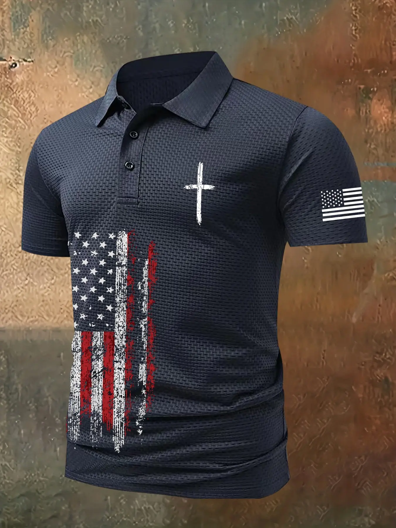 Men's American Flag Cross Graphic Waffle Knit Fitted Polo Shirt, Polo Style, Patriotic Christian Casual Short Sleeve Top, USA Faith Streetwear, Graphic Polo Shirts #PatrioticApparel #ChristianPolo #AmericanFlagTee #MensPoloShirt #TikTokMadeMeBuyIt