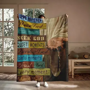 Every Moment Thank God Flannel Blanket, Praise Seek Worship Trust Vintage Pattern Soft Warm Throw, Cozy Nap Blanket for Sofa Couch Bed, Christian Gift for Her Him Believer, Birthday Christmas Holiday Gift