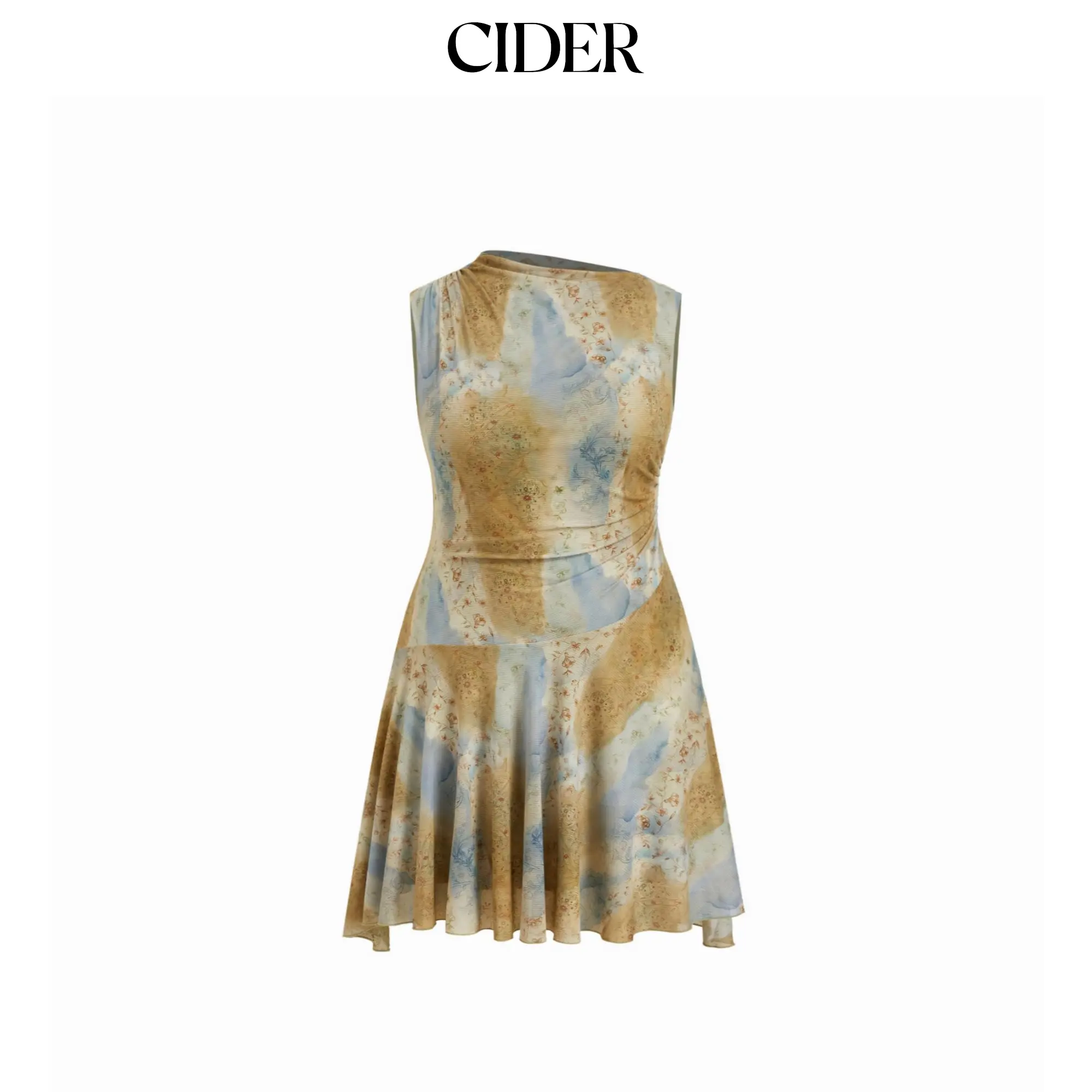 Cider Women's Sleeveless High Neck Mesh Asymmetrical Tie-Dye Floral Ruched Sexy Mini Dress for Plus Size Curve Women