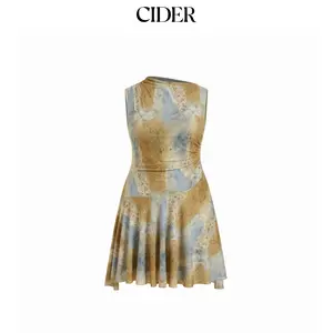 Cider Mesh Asymmetrical Neck Tie Dye Floral Ruched Mini Dress Curve & Plus