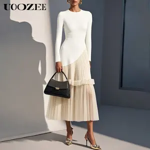 UOOZEE Women New Spring Autumn A-Line Irregular Clipping Slim-fit Mesh Pleated Ribbed Knit Solid Color Round-Neck Dresses, Elegant Party Cocktail Evening Maxi Dresses (Sizing Runs Small - Check Size Guide or Order 2 size  Larger)