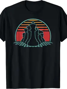 Retro Graphic T-Shirt Featuring Vintage Chess Pieces And a Sunset Suitable for Both Men And Women. This All-Season Humorous Design Includes a Round Neck And Short Sleeves Made from Soft Breathable Fabric And Is Machine Washable
