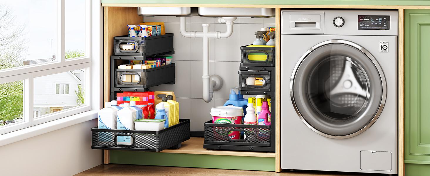 Kitstorack Under Sink Organizer, 2-Pack 3-Tier Height Adjustable Thickened Metal Pull out Cabinet Organizer Shelf, Slide out Storage Drawer Rack for Bathroom Kitchen Pantry Home Laundry Organization
