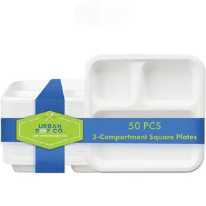 Urban Box Co. 3-Compartment Composatable Square Plates, Unique Design, Heavy-Duty Biodegradable Bagasse, PFAS-Free, BPI Certified Eco-Friendly Dinnerware for Parties & School Lunches