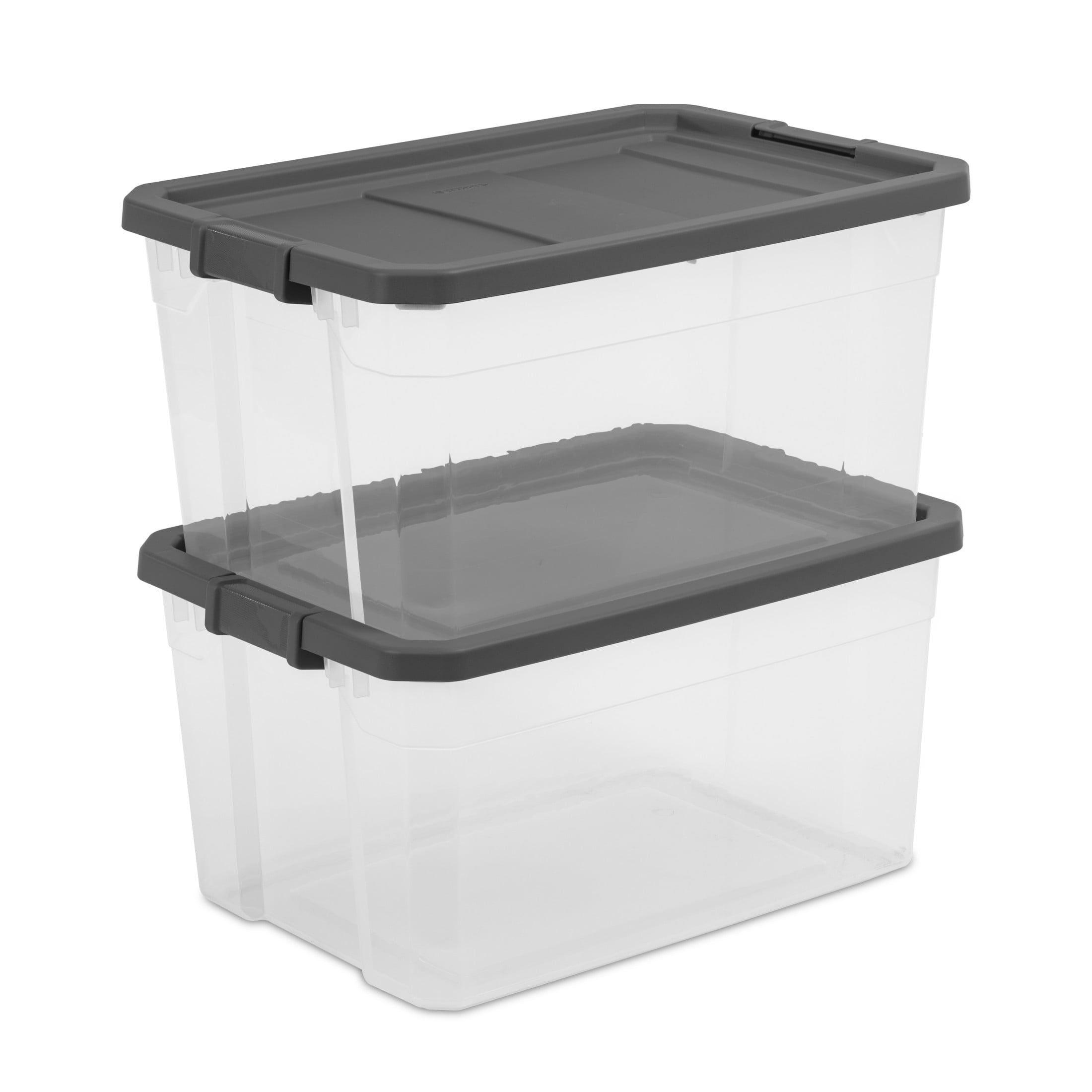 (2 pack) Sterilite 76 Quart Stacker Box, Durable Clear Plastic Storage Bin with Latch Lid, Dark Gray (2 pack) Sterilite 76 Quart Stacker Box, Durable Clear Plastic Storage Bin with Latch Lid, Dark Gray