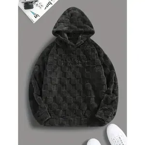Trendy Fleece Hoodie with "CALIFORNIA KEYNOTE" Letter Embroidery, Chic Design Men's Plaid Pattern and Textured Hooded Sweatshirt for Daily Outerwear