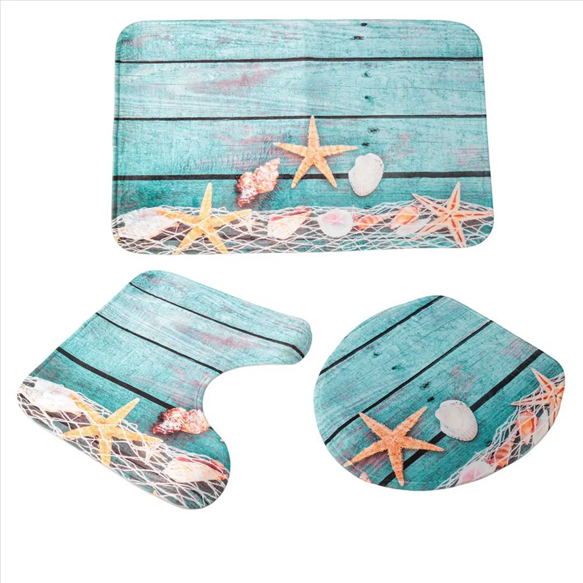 3-Piece Non-Slip Velvet-Flannel Bathroom Mat Set with Rubber Backing, Beach Seashells Starfish Sand Design Cover for Summer Holidays (Tool Organizer Accessory)