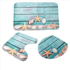 Beach Seashells Starfish Sand Bath Mat Holidays Summer Bathroom Carpet Rug Non-Slip 3 Piece Toilet Mat Set Starfish Floor