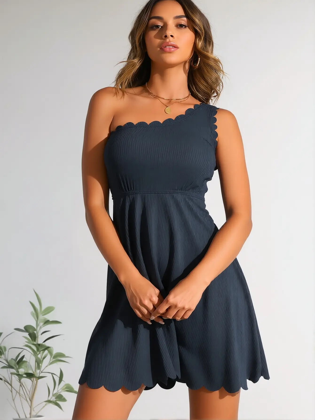 S-XXL Solid Dark Navy Ribbed One Shoulder Scalloped Hem Skirted One Piece Swimsuit, Asymmetrical Single Strap High Waist A Line Swim Dress Tummy Control Moderate Coverage Brief Bathing Suit for Women Beach Pool Resort