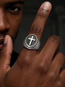 Vintage Cross Seal Ring, Stainless Steel Silver Color, Greek Wave Design, Unisex Punk Gothic Motorcycle Style Jewelry