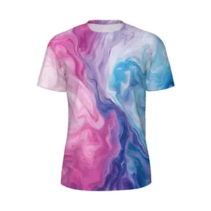 Unisex Vibrant Marble Swirl T - Shirt, Abstract Fluid Art Print, Casual Daily Streetwear for Men & Women, Pink Blue Purple Design for Festivals, Parties, Everyday Wear