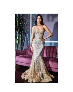 Mermaid Fitted Formal Dress J810 Lace Metallic Embroidered Sequin Sheer Bustier V-Neckline Spaghetti Straps Elegant for Special Occasions (non returnable)