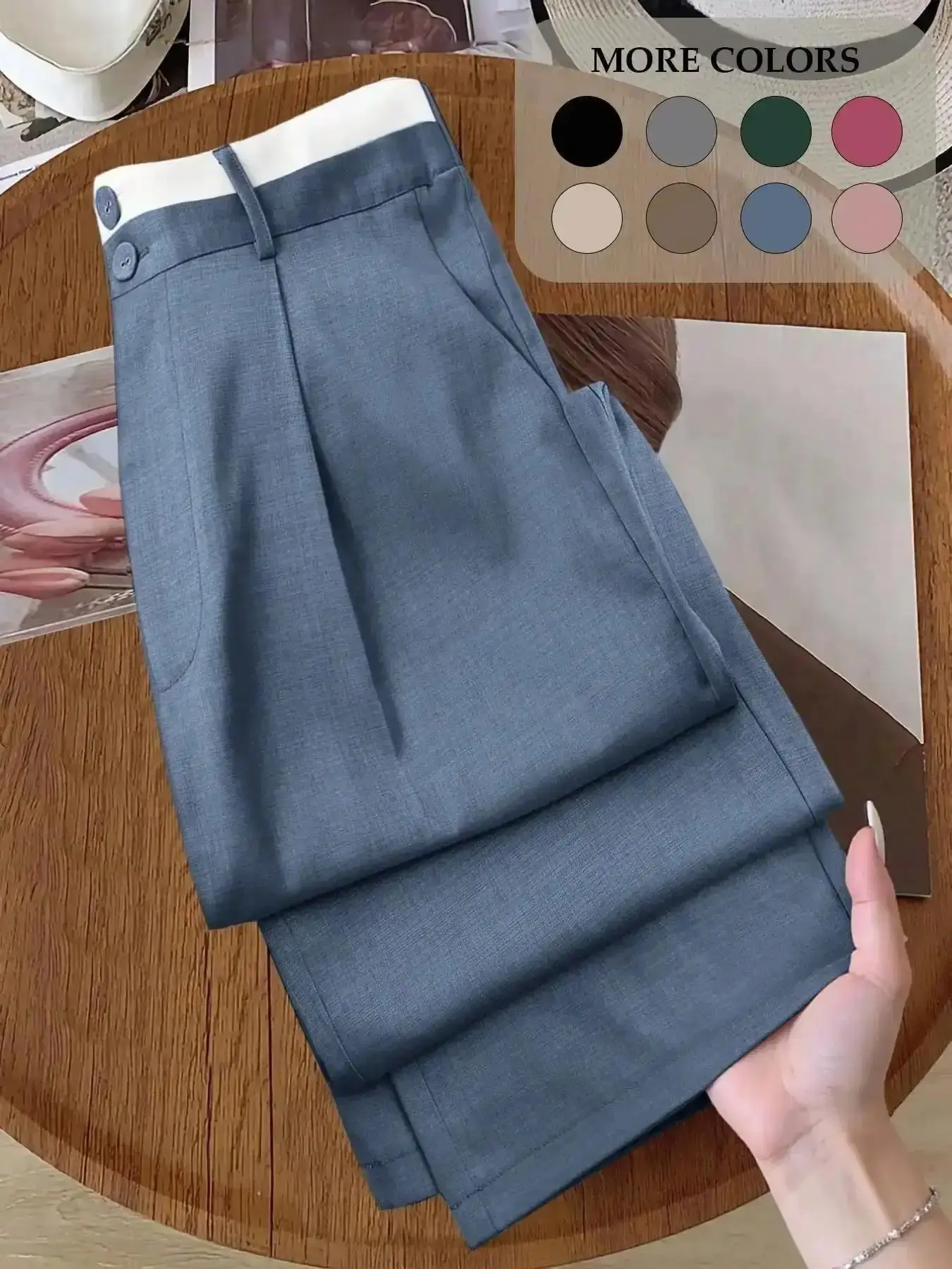 Women's Petite Contrast Waist Trousers High Waisted Straight Leg Fitted Pants Pleated Dress Elegant Office Workwear Corporate Core Old Money Aesthetic Trendy Bottom multi pocket, Feminine, Flattering