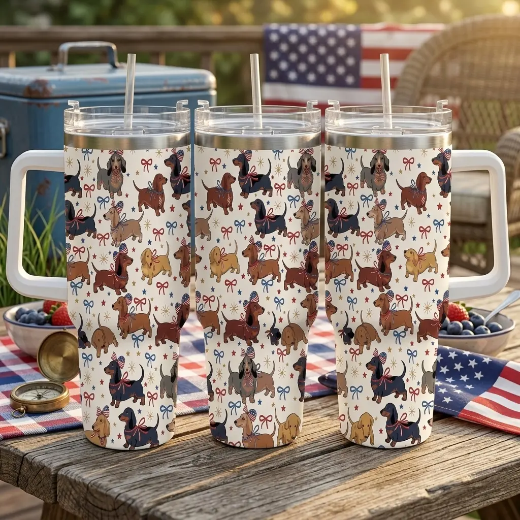 Patriotic Dachshund Car Cup (40oz/30oz/20oz) Cute Dog Print with American Flag Hat and Stars Pattern Insulated Stainless Steel Tumbler Durable Leakproof Design Perfect for Road Trips Office Outdoor Picnics Holiday Gifts Everyday Use