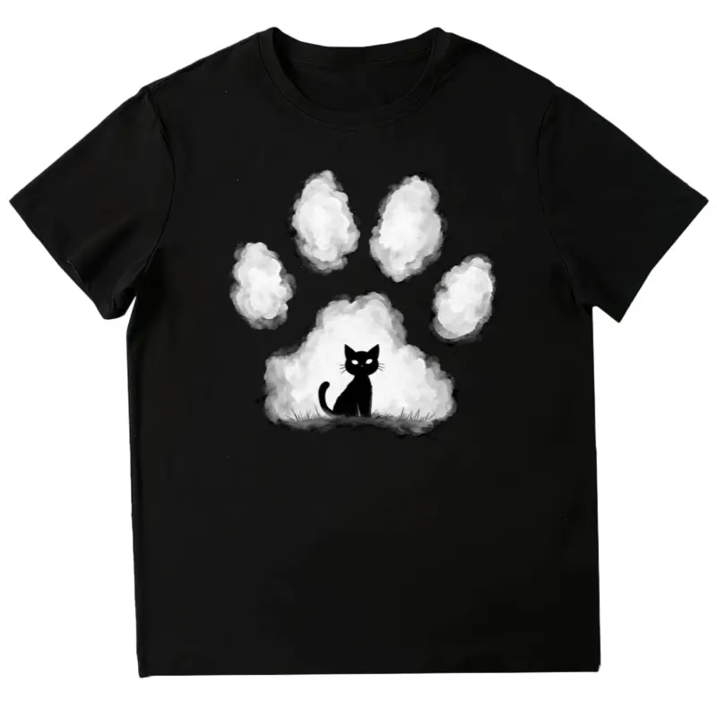 Black Cat with Paw Prints Shirt Cat Silhouette Graphic Tee Hand-Drawn Paw Shirt #   casual basic short sleeve t-shirt