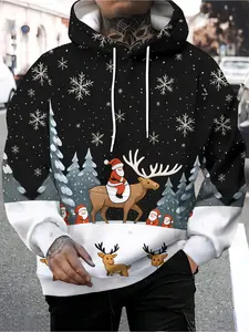 Men's 3D Digital Printed Santa and Reindeer Hooded Sweater - Winter Snowflake Pattern, Rudolph and Sleigh Design, Soft Warm Pullover, Machine Washable Casual Holiday Sweater for Christmas Parties Everyday Wear, Men's Winter Wear, Casual Hooded Sweatshirt