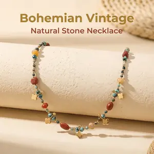Bohemian beach vacation vibe natural stone four-leaf clover vintage handmade beaded necklace, adjustable collarbone chain, stackable neck jewelry, brings good luck—a divine gift.