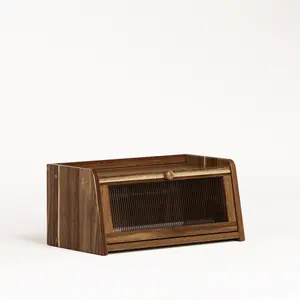 TOPSAOMAI Acacia Wood Bread Box for Kitchen Counter Acrylic Door Vintage Farmhouse Food Organizer Single Double Layer Available Solid Wood Storage Container Food Shelf