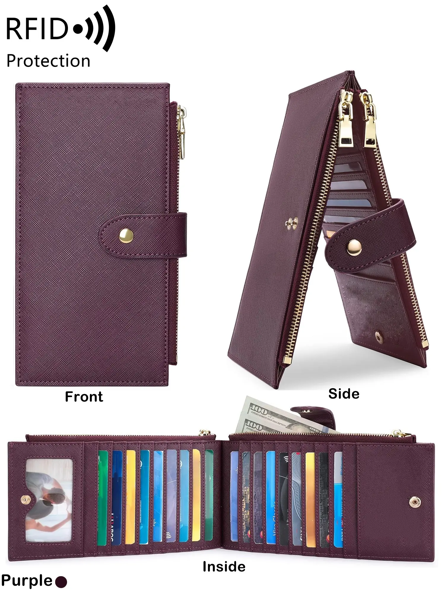 Ladies' Double Fold Card Wallet, Casual Fold Wallet, RFID Anti-Theft Brush, Dual Zipper Long Wallet, Wallets Women, Dual Zipper Design, Wallet With Zipper, Can Hold Coins, Large Bills, Credit Cards, Suitable For Daily Portable Use, Unisex